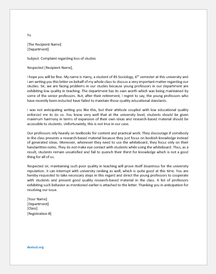 Complaint Letter to HoD for Low Quality of Teaching