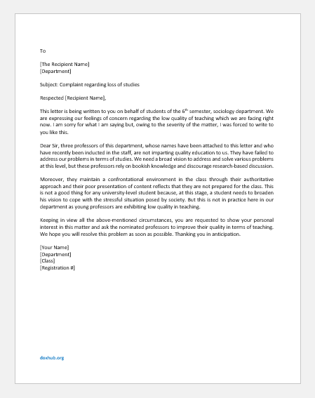 Complaint Letter to HoD for Low Quality of Teaching