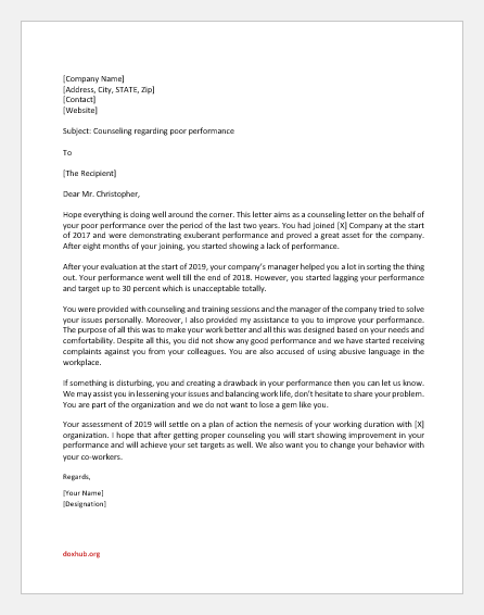 Counseling Letter regarding Poor Performance