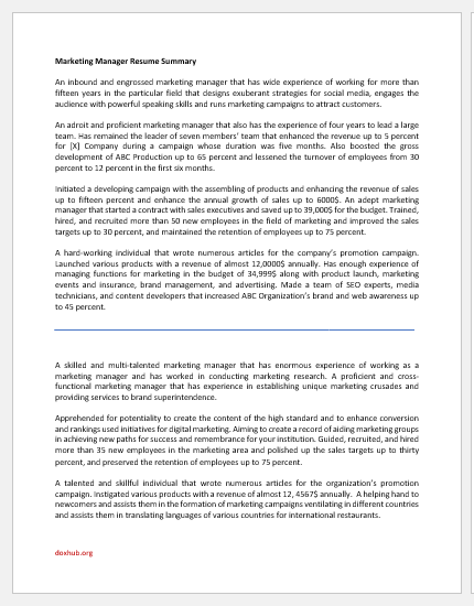 Marketing manager resume summary