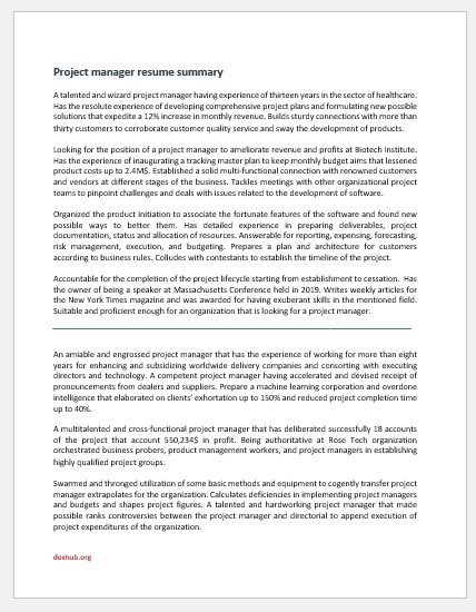 Project manager resume summary