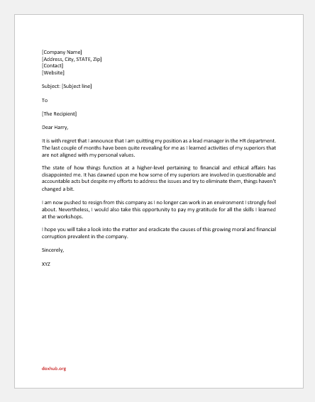 Resignation Letter for Conflict of Values