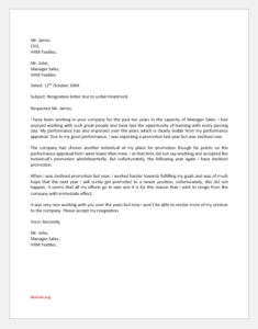 Resignation Letter for Unfair Treatment