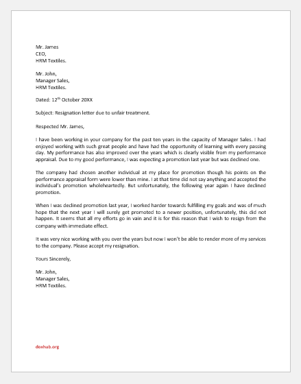 Resignation Letter for Unfair Treatment