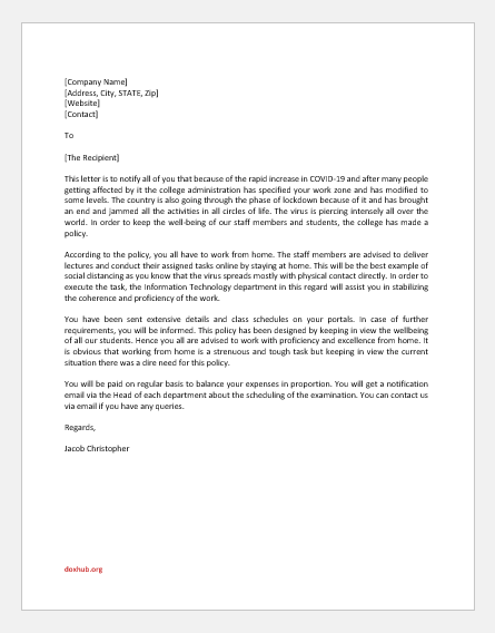 COVID-19 Work Policy Letter to Staff