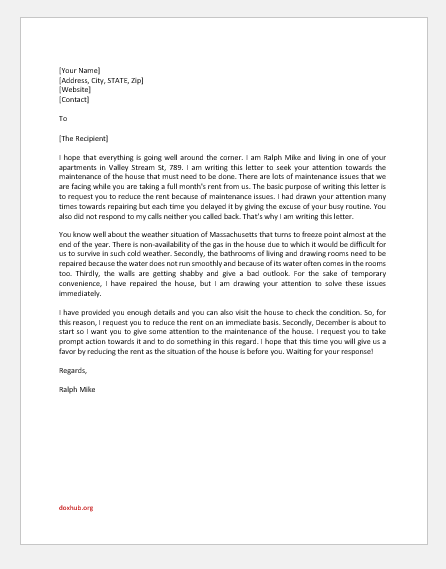 Request Letter to Landlord to Reduce Rent due to Maintenance Issues