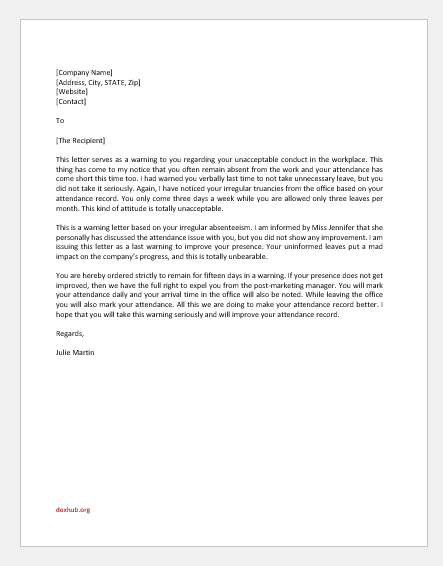 Warning Letter to Employee for Gross Misconduct