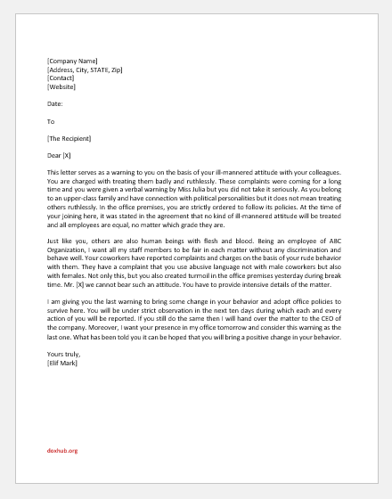 Warning Letter to Employee for Rude Behavior