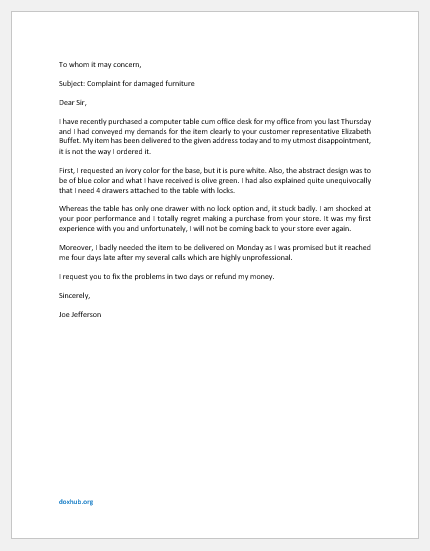 Complaint Letter for Damaged Furniture