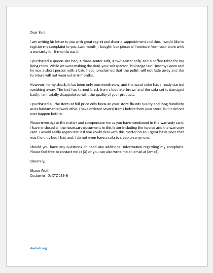 Complaint Letter for Damaged Furniture