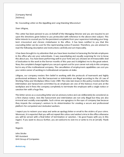 Letter of Counselling for Misconduct