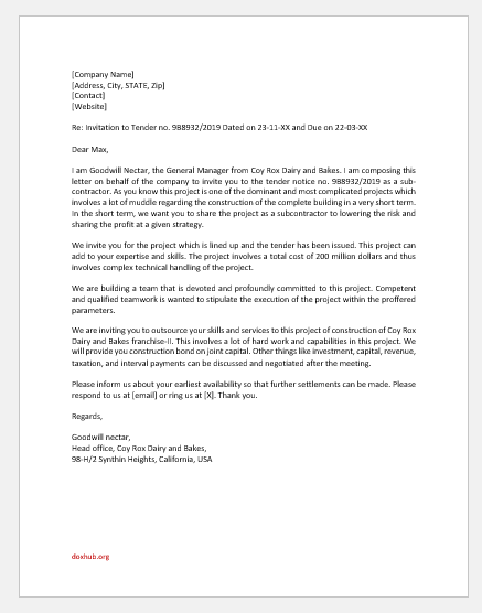 Letter of Invitation to Subcontractor