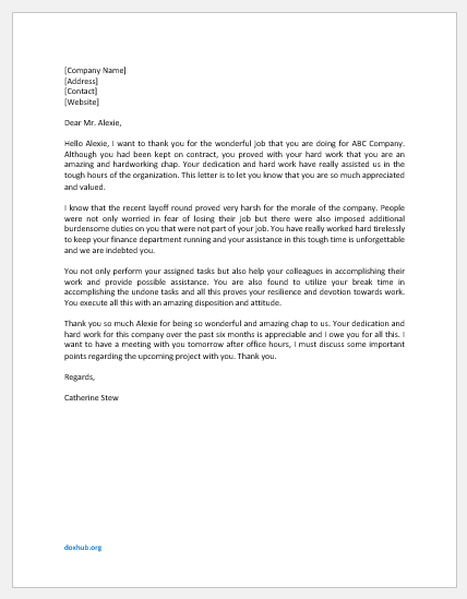 Letter to Contractor for Good Work