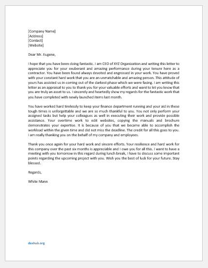 Letter to Contractor for Good Work