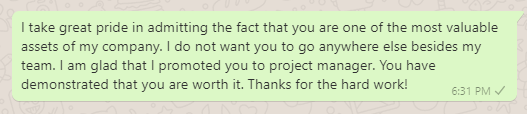 Appreciation Messages from Boss to Project Manager