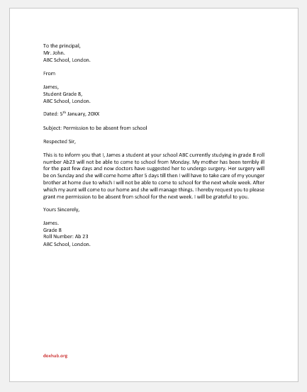 Letter of Permission to be Absent from School as Student | Document Hub