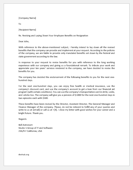 Revised Benefit Letter to Employee Who has Resigned