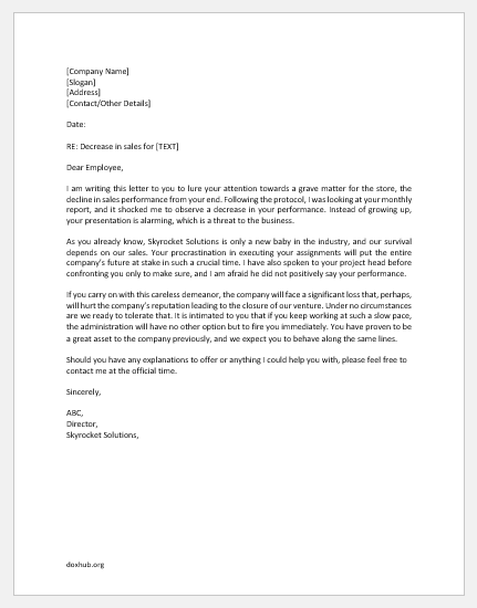 Sales Performance Decrease Letter to Staff