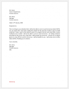 Toothache Excuse Letter for Work