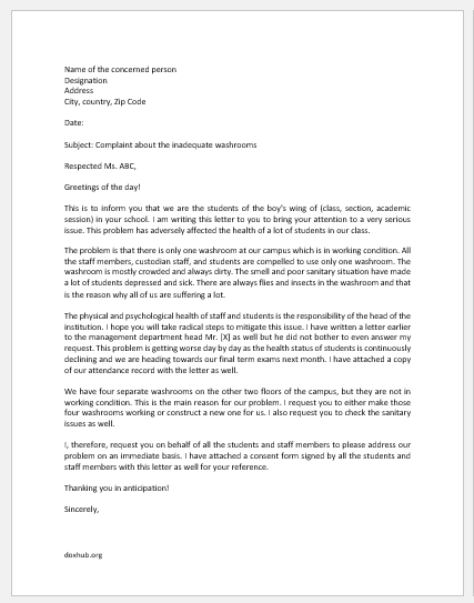 Complaint Letter to Principal about Inadequate Washrooms