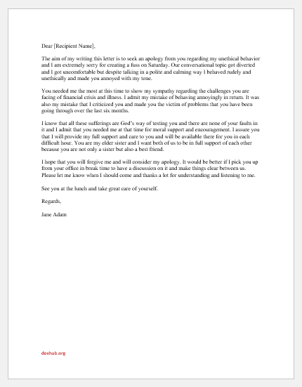 Apology family to personal letter Sample Letter