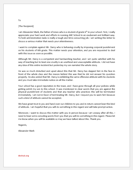 Complaint Letter about Teacher Beating