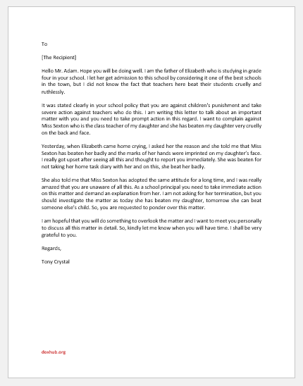 Complaint Letter about Teacher Beating