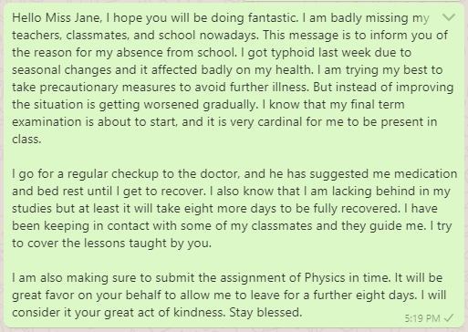 Sick Leave Message to Class Teacher