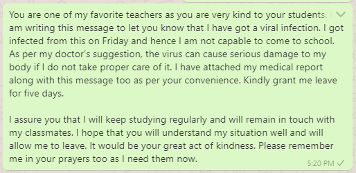 Sick Leave Message to Class Teacher