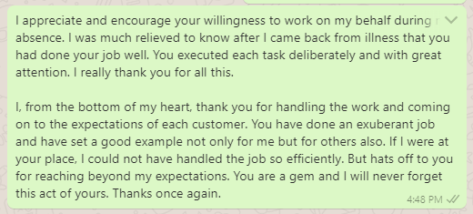 Thank You Message to Colleague for Working in Absence