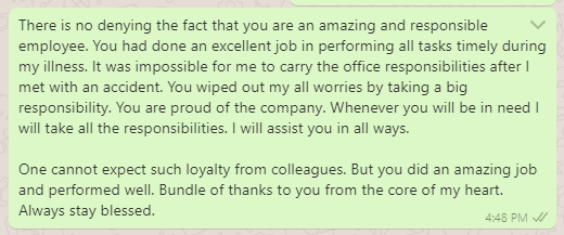 Thank You Message to Colleague for Working in Absence