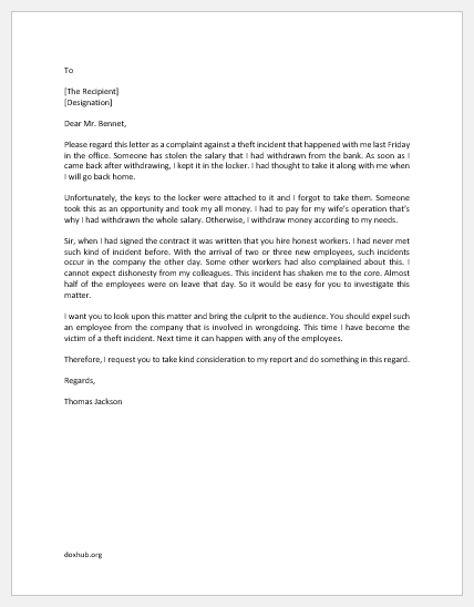 Theft Incident Report At Workplace Letter
