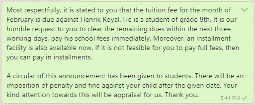 Tuition Fee Reminder Message to Parents