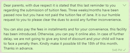 Tuition Fee Reminder Message to Parents