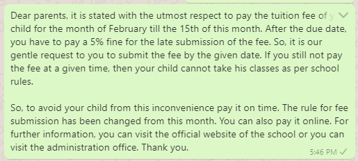 Tuition Fee Reminder Message to Parents