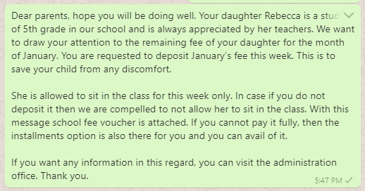 Tuition Fee Reminder Message to Parents