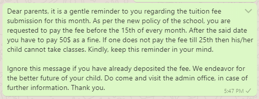 Tuition Fee Reminder Message to Parents