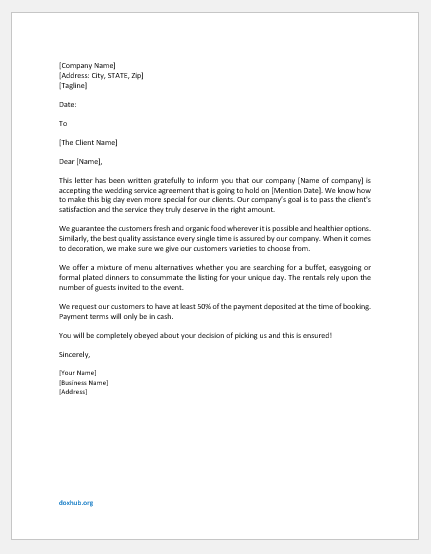 Wedding Catering Agreement Letter