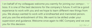 Welcome message to new boss