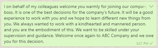 Welcome message to new boss