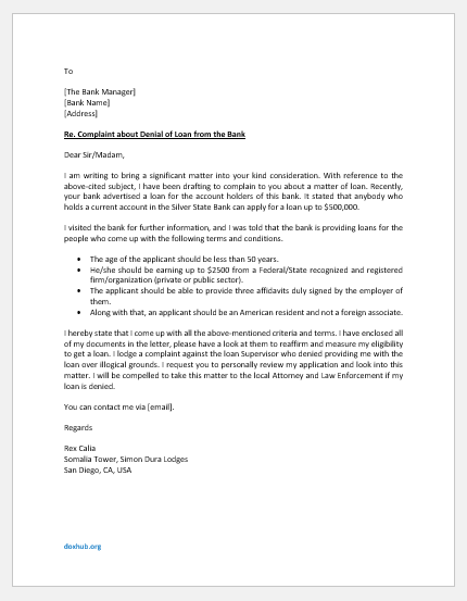 Complaint Letter to Bank for Denial of Loan