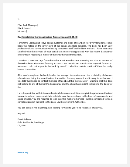 Complaint Letter to Bank for Unauthorized Transaction