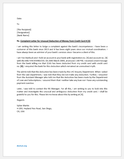 Complaint Letter to Bank for Usual Deduction of Money