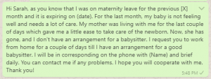 Request Message to Work from Home after Maternity Leave