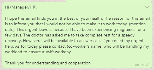 Migraine Sick Leave Message to Boss
