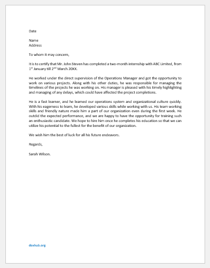 Internship Completion Letter Template