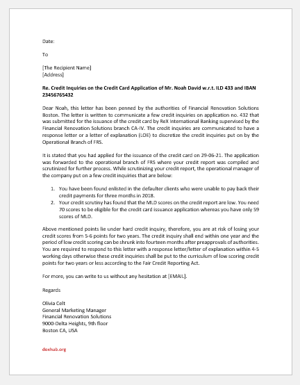 Credit inquiry letter