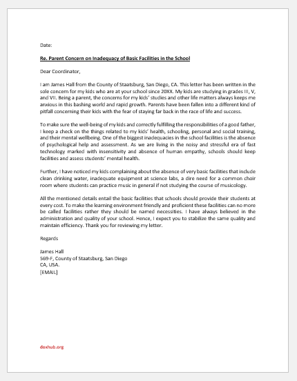 Letter for Inadequate Facilities Provided to Kids at School