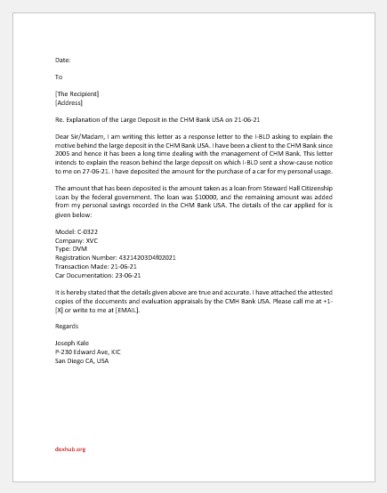 Letter of explanation for large deposit