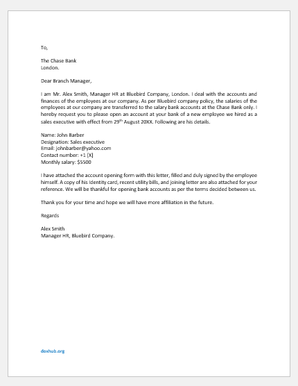 Employee Bank Account Opening Letter